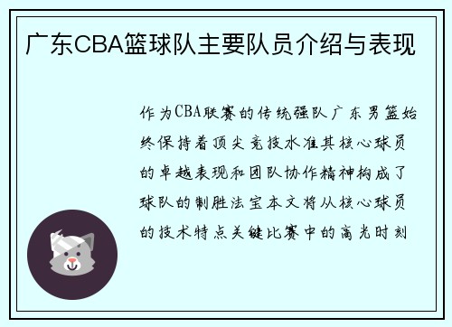 广东CBA篮球队主要队员介绍与表现
