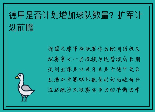 德甲是否计划增加球队数量？扩军计划前瞻